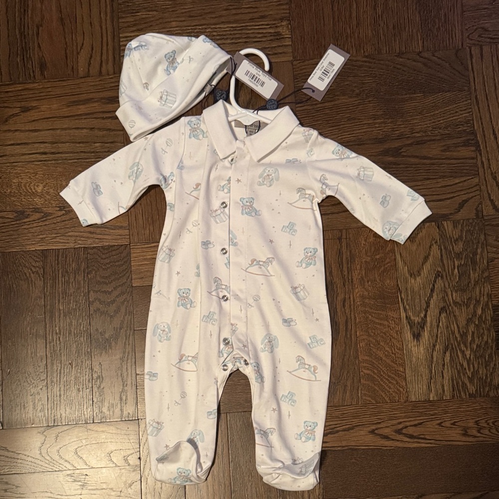 Fleurisse Baby One Piece 0-3M Pajama Set - White with Blue Accents And Hat